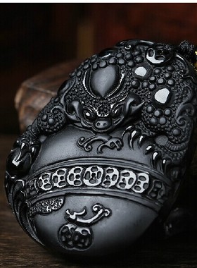 八方皆财天然黑曜石吊坠本命年吉祥物黑曜石项链转运珠