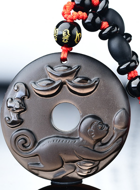 吉狮赐桃黑曜石生肖猴吊坠玉猴牛吉祥物猴型猴形饰品饰物玉石挂件