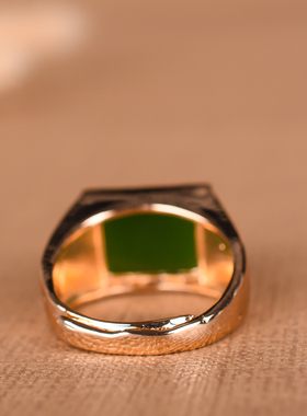 和田玉碧玉方形戒指 925银镶嵌玉石戒指男款银镶玉指环活口可调节