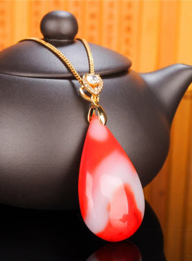 玉器玉器新疆和田玉红玉白玉吊坠女款925银镶嵌水滴吊坠挂件玉