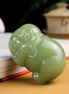 新疆和田玉青白玉小象天然玉石手把件原石雕刻小象手玩件送礼物