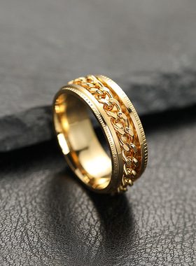 跨境不锈钢饰品 压花纹可转动链条开酒瓶钛钢戒指男款 情侣指环厂