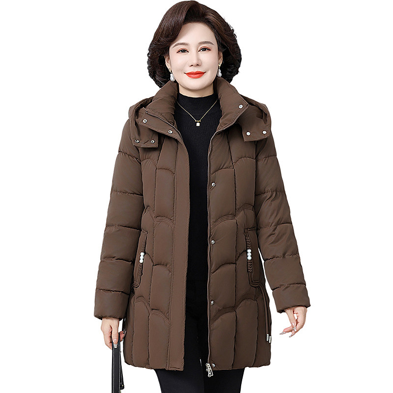 中年妈妈冬季新款亮面免洗羽绒棉服女中长款中老年人加厚保暖棉衣
