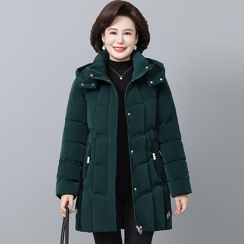 中年妈妈冬季新款亮面免洗羽绒棉服女中长款中老年人加厚保暖棉衣