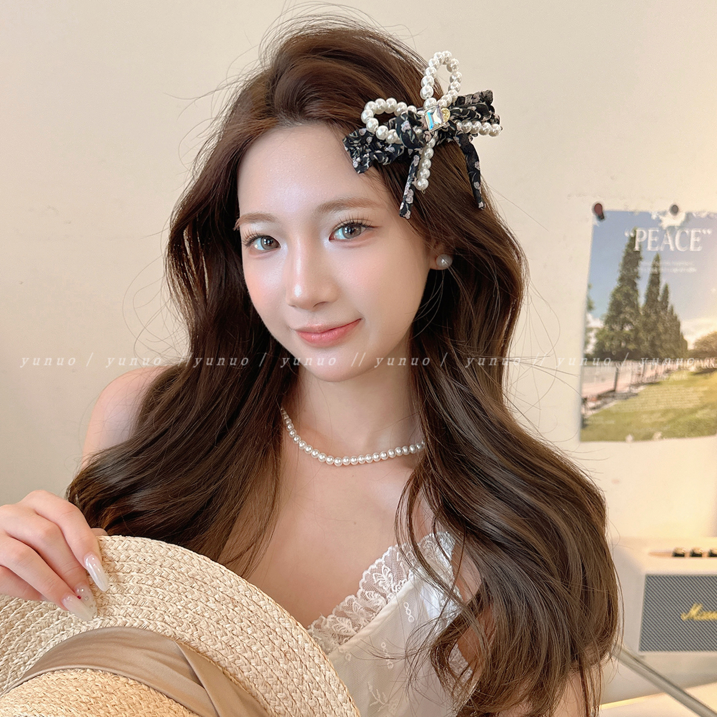 法式气质珍珠蝴蝶结发夹女后脑勺高级感盘发鸭嘴夹子大号一字抓夹 - 图0