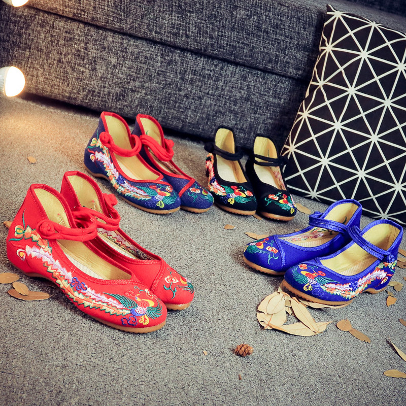 老北京女布鞋民族风绣花鞋坡跟红色婚鞋妈妈牛筋广场舞内增高单鞋,淘宝优惠券,粉丝福利购,淘宝优惠卷