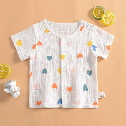 儿童夏季超薄柔软吸汗宝宝纱布短袖开衫上衣婴幼儿家居睡衣空调衣