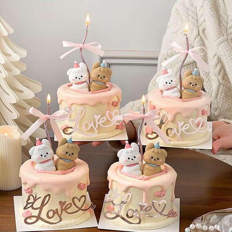 2.14情人节卡通情侣修狗蛋糕装饰摆件love爱心亚克力情侣告白插件