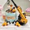 Cartoon excavator bulldozer crane road sign ornaments