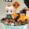 Cartoon excavator bulldozer crane road sign ornaments