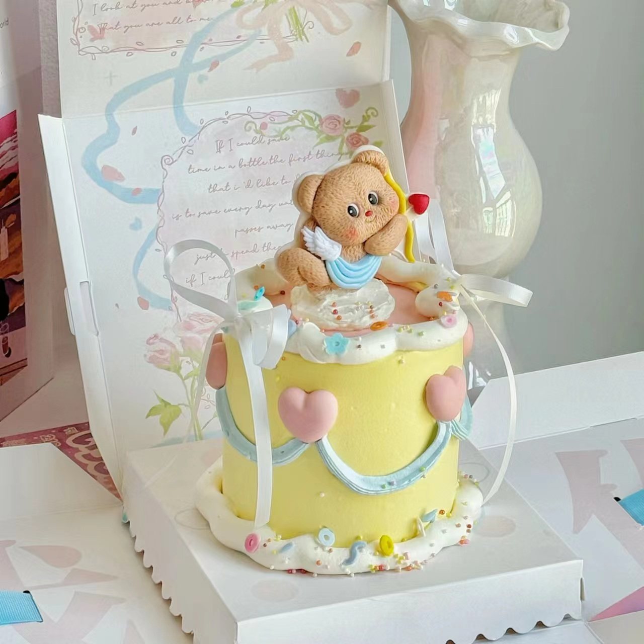 七夕情人节黄油小熊蛋糕装饰丘比特之箭软胶爱心情侣表白告白装扮