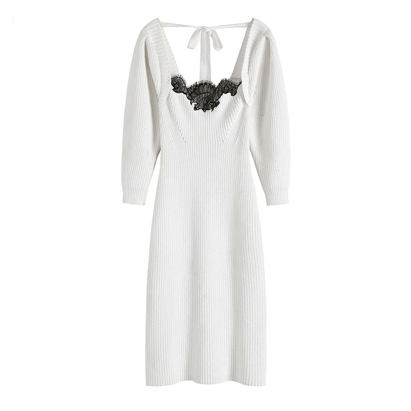 CAN冬季新款 白色中长款羊毛衫女蕾丝拼接针织连衣裙修身显瘦,淘宝优惠券,粉丝福利购,淘宝优惠卷