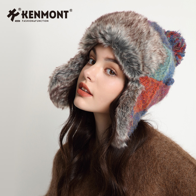 Kenmont卡蒙秋冬护耳帽女款针织雷锋帽加厚保暖多巴胺毛线帽子冬