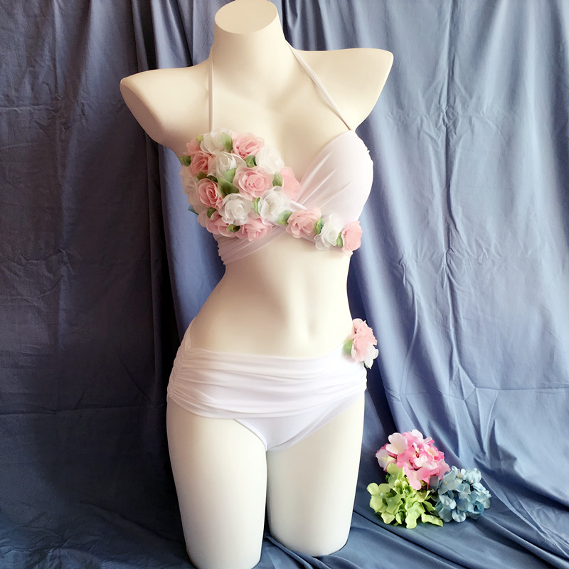 独家定制雪纺花朵泳衣女比基尼三件套小胸钢托超聚拢沙滩温泉胸垫 - 图2