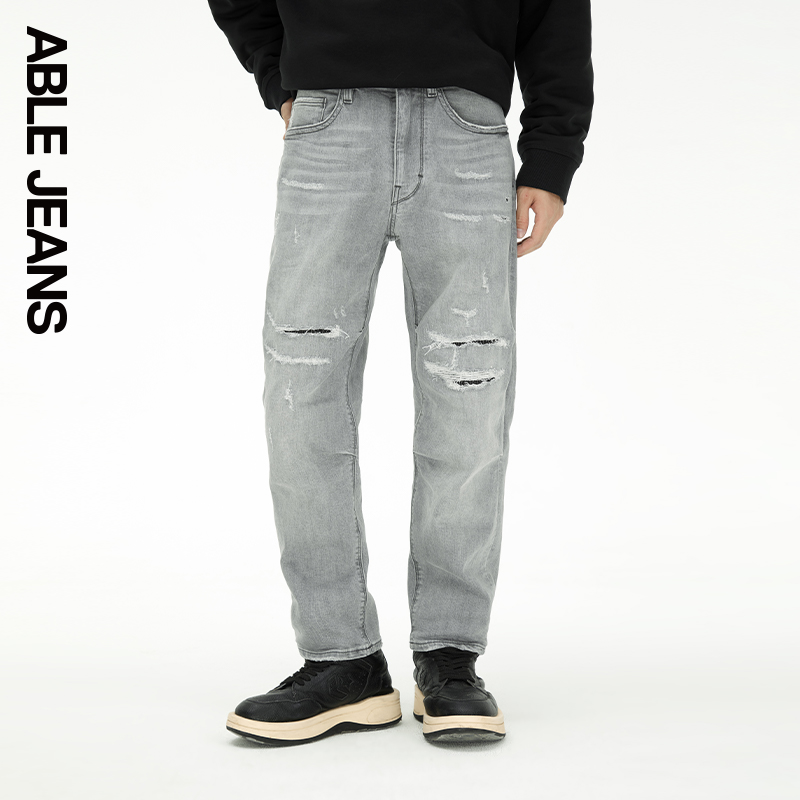 ABLE JEANS【直筒滑板裤】男士重工水洗破洞直筒宽松牛仔裤 - 图1