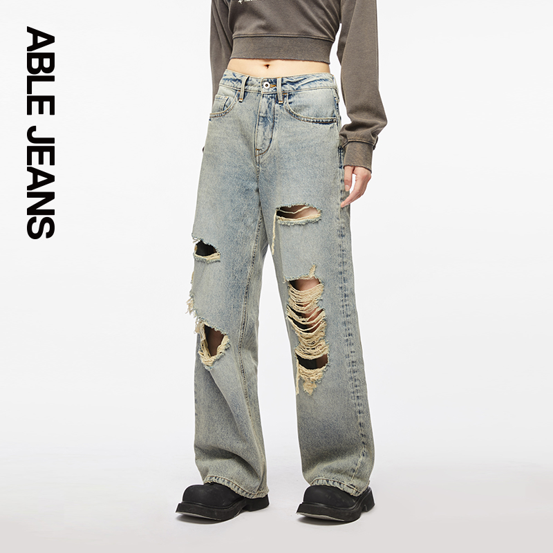 ABLE JEANS【拖地裤】女士潮流显瘦破洞宽松直筒牛仔裤