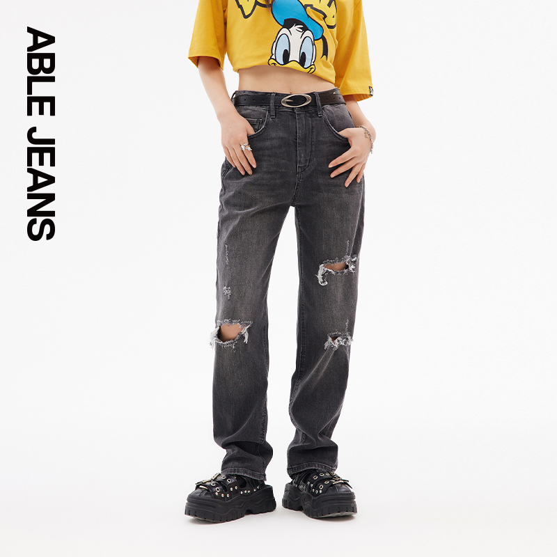 ABLE JEANS【老爹裤】女士时尚破洞宽松直筒牛仔裤 - 图3