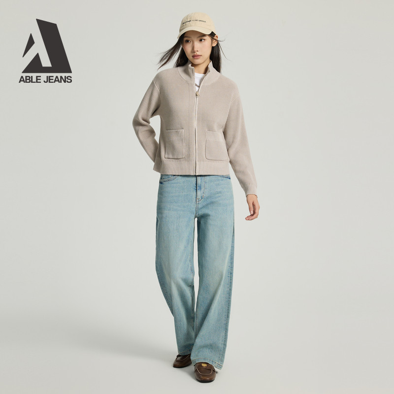 ABLE JEANS 2025冬季新款女士针织开衫短款立领拉链毛衣外套-图0
