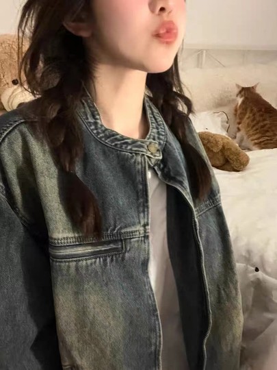 American retro jacket denim distressed work jacket