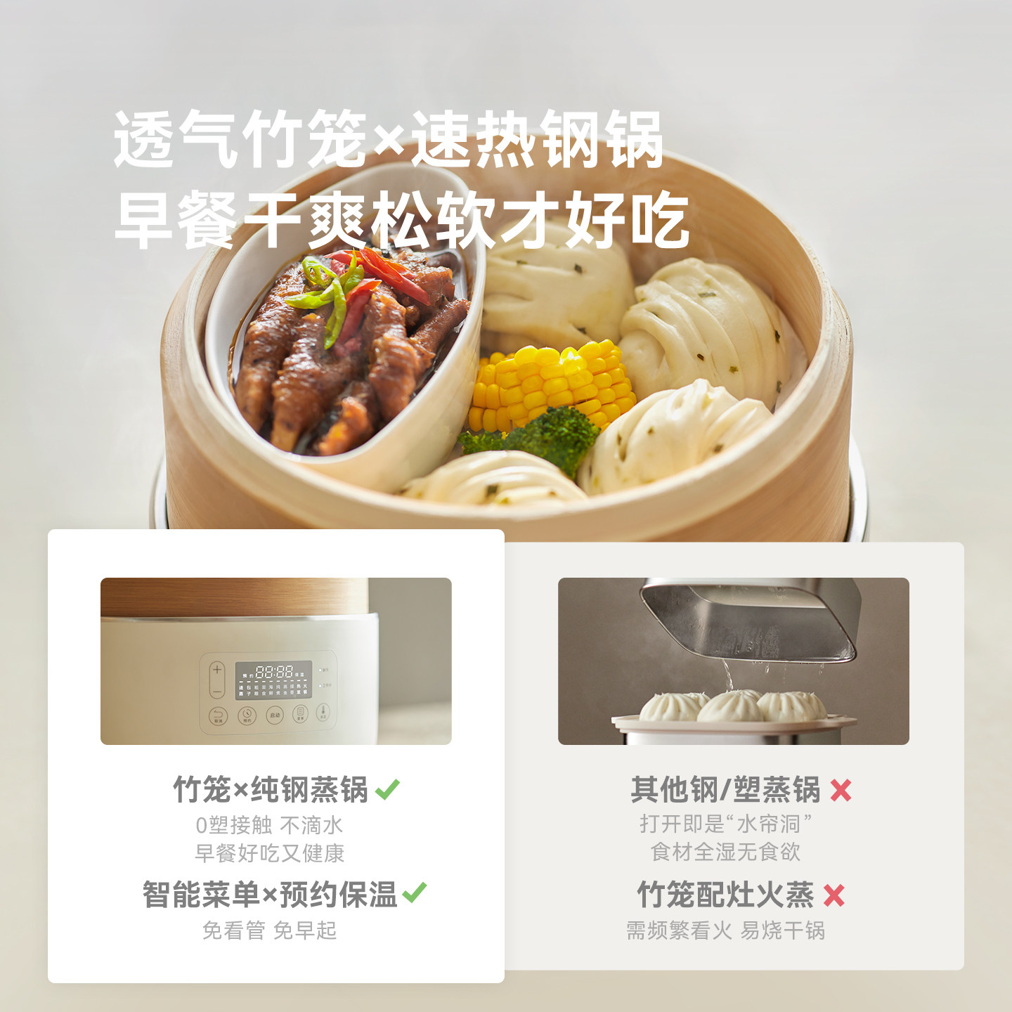【行业首创】olayks立时竹笼电蒸锅多功能家用三层纯钢智能早餐机