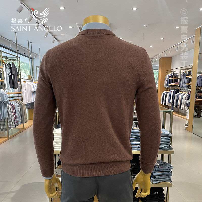 山羊绒衫男报喜鸟咖色毛衣圆领针织衫男士羊毛衫男款高端男装上衣