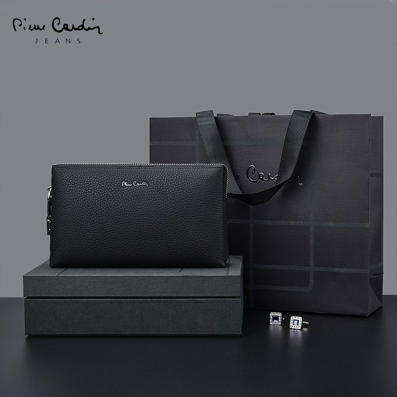 皮尔卡丹休闲男士头层牛皮潮手拿包 麦带箱包男士包袋