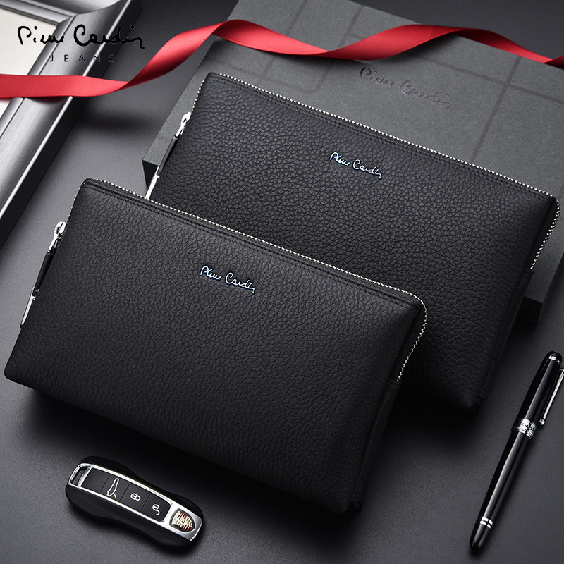 皮尔卡丹休闲男士头层牛皮潮手拿包 麦带箱包男士包袋