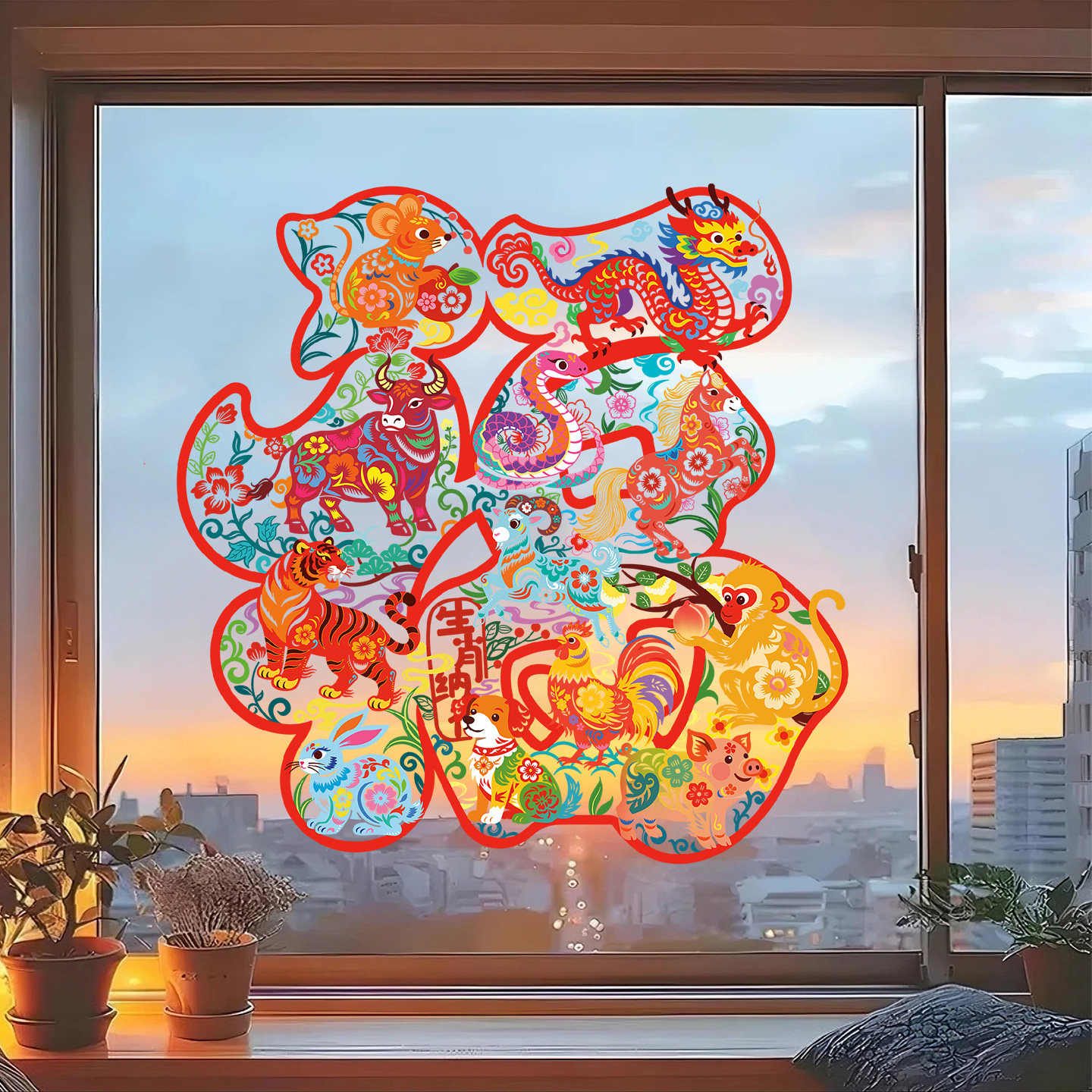 十二生肖福字窗花2026新年装饰玻璃门贴纸橱窗窗贴春节马年静电贴,淘宝优惠券,粉丝福利购,淘宝优惠卷