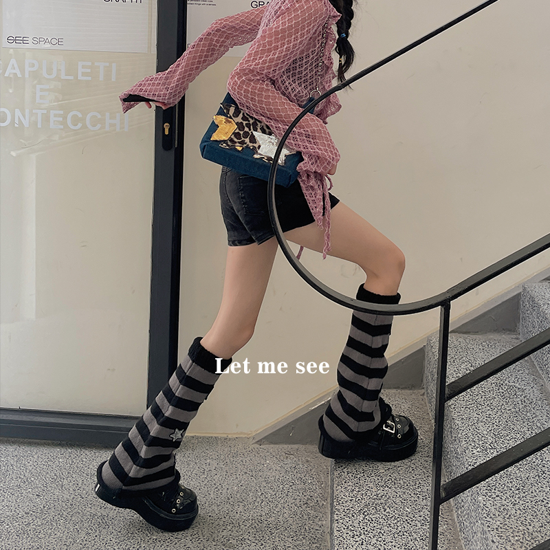 LET ME SEE星星条纹显瘦一绝腿套y2k堆堆袜阔腿喇叭袜少女小腿袜 - 图1
