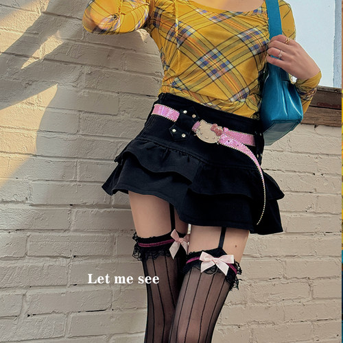 LET ME SEE千禧辣妹吊带袜丝袜竖条纹蕾丝边蝴蝶结大腿袜春夏薄款 - 图1