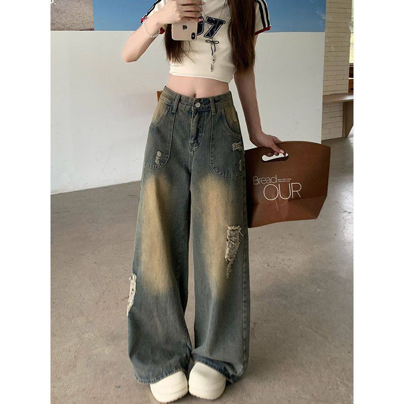 美式复古做旧破洞牛仔裤女2025年春夏季新款高腰直筒宽松阔腿裤子,淘宝优惠券,粉丝福利购,淘宝优惠卷
