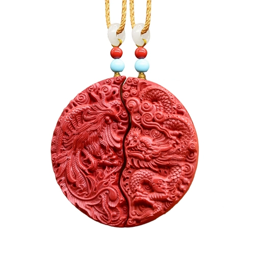 Природная руда, подвеска для влюбленных, ожерелье подходит для мужчин и женщин, цвета киновари, дракон и феникс