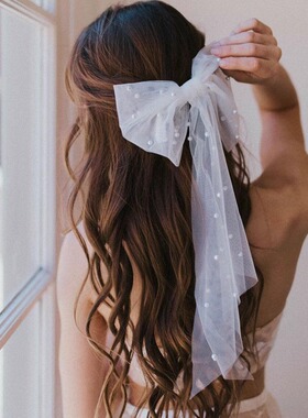 新娘婚礼网纱礼服白色钉珠蝴蝶结公主求婚婚纱拍照飘带弹簧夹头纱