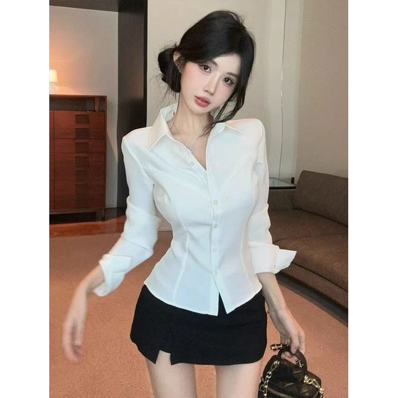 法式御姐气质POLO领修身长袖衬衫jk制服女秋冬收腰感小众职业衬衣,淘宝优惠券,粉丝福利购,淘宝优惠卷