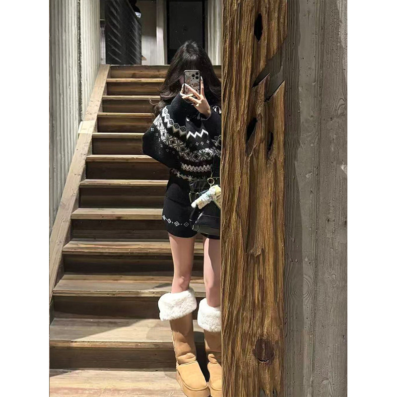 巨好看的深秋冬装搭配一整套费尔岛黑色高领毛衣针织短裤两件套装,淘宝优惠券,粉丝福利购,淘宝优惠卷