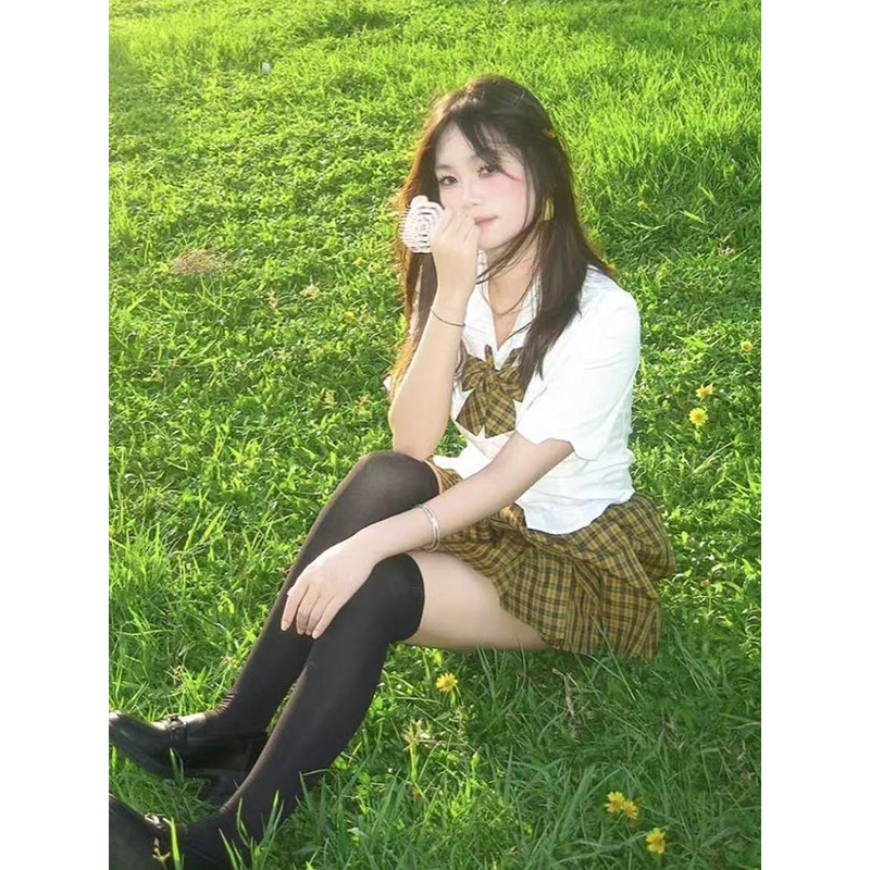 原创JK制服白色短袖收腰衬衫日系学院风百搭短裙向日葵短裙夏套装 - 图2