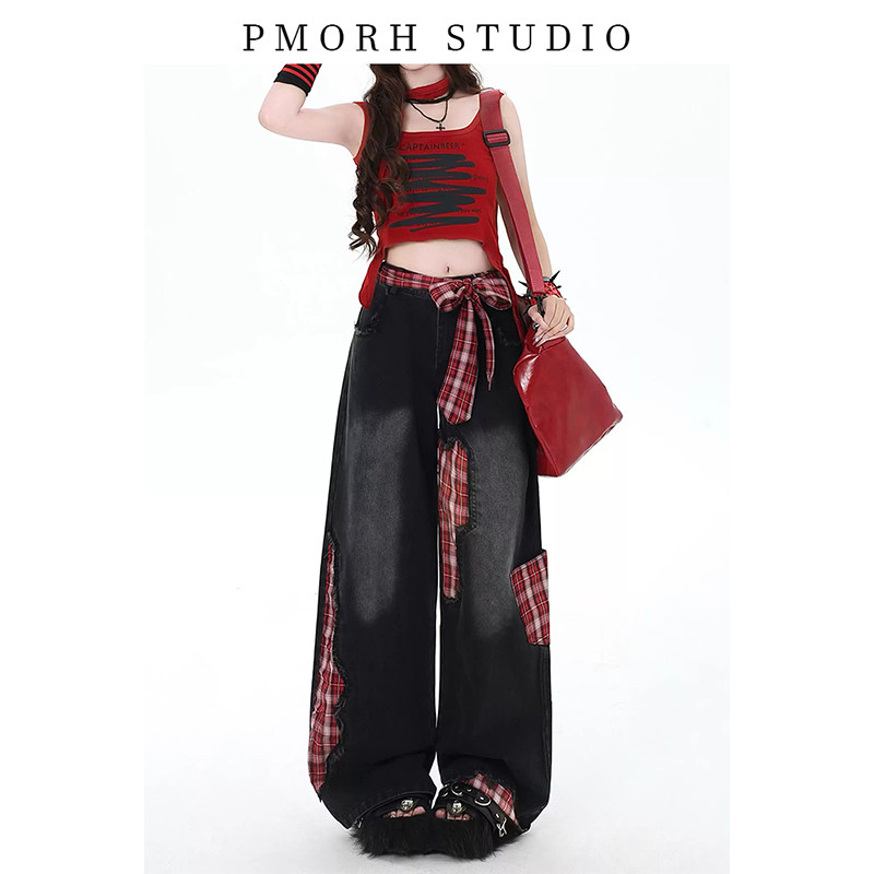 PMORH美式甜酷街头破洞红格牛仔裤女秋冬新款宽松直筒阔腿长裤子,淘宝优惠券,粉丝福利购,淘宝优惠卷