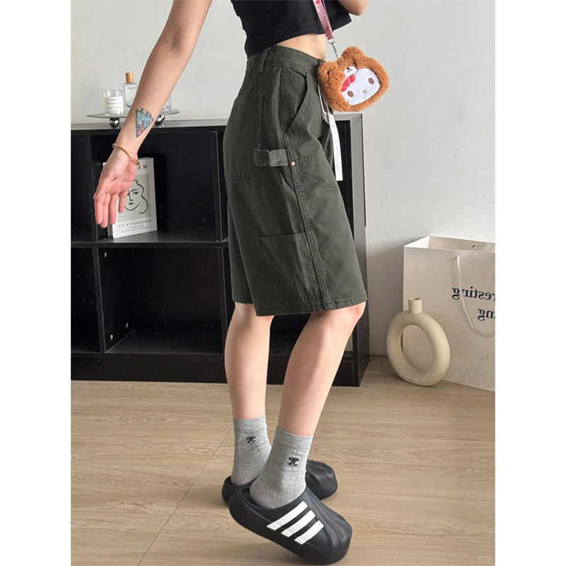 PMORH美式军绿色复古弯刀牛仔裤女2026秋冬新款小个子显瘦五分裤,淘宝优惠券,粉丝福利购,淘宝优惠卷