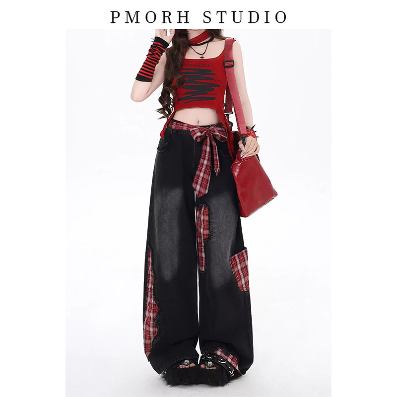 PMORH美式甜酷街头破洞红格牛仔裤女秋冬新款宽松直筒阔腿长裤子,淘宝优惠券,粉丝福利购,淘宝优惠卷