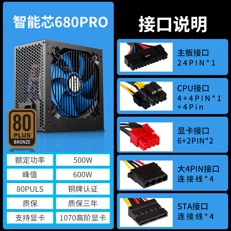 金河田智能芯680PRO电源500W台式机电脑主机白色铜牌atx电源650W - 图3