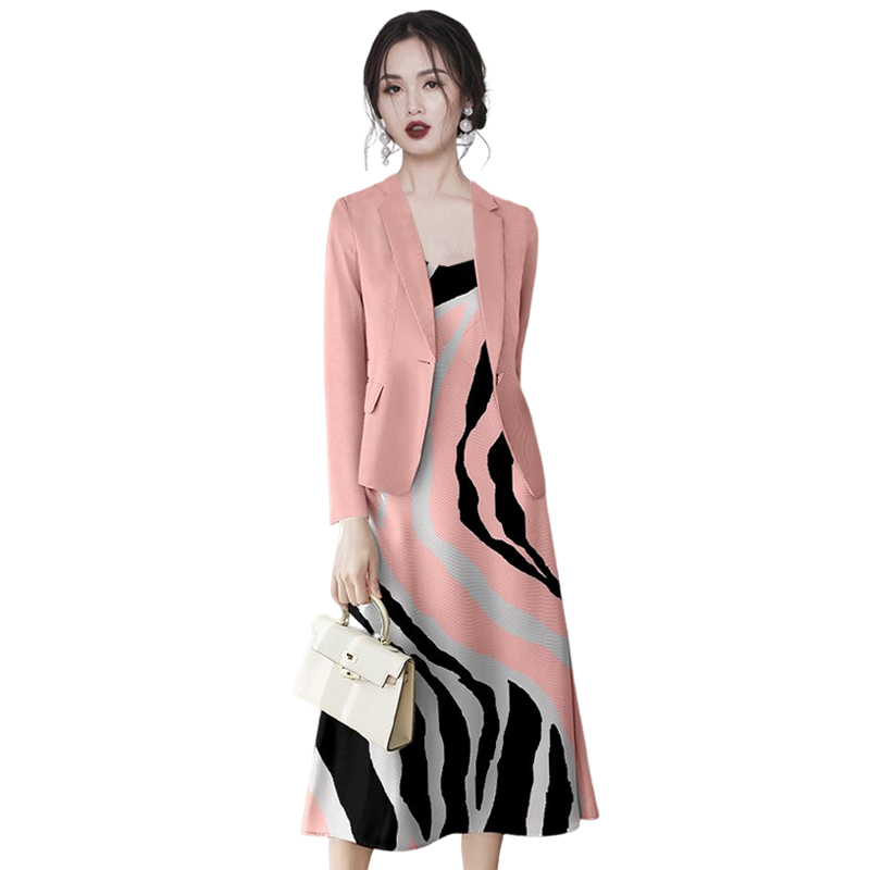 MeiXi定制秋季2023新款高级感西装套装粉色西服时尚连衣裙两件套