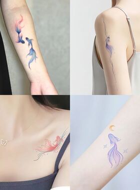 鱼鲤鱼锦鲤纹身贴 蓝色唯美锁骨手腕小清新防水纹身贴