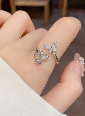 法式气质金属花朵镶钻蝴蝶开口戒指简约潮流食指戒轻奢高级感手饰