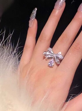 夏季蝴蝶结水滴戒指女立体闪钻轻奢质感小众设计甜美潮开口指环