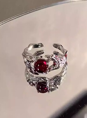 暗黑风肌理感戒指红宝石开口不规则液态指环小众设计感食指戒