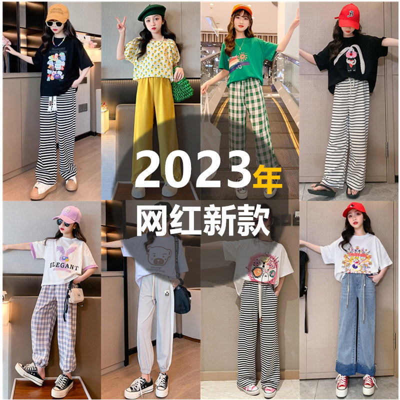 女童套装夏装2024新款儿童网红时髦童装夏季洋气短袖长裤两件套潮 - 图1