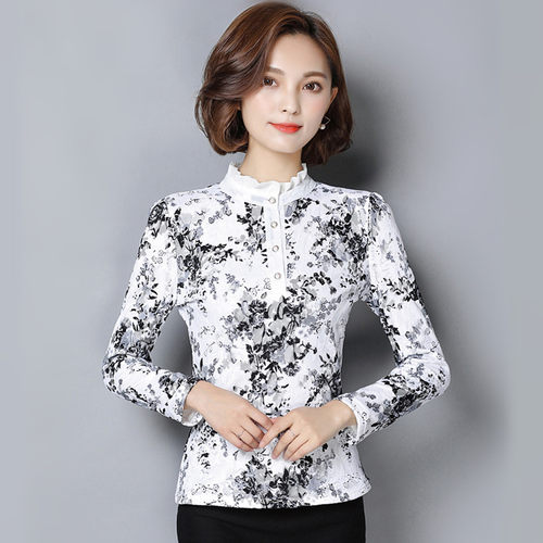 秋冬季保暖内衣女加厚加绒外穿紧身单件上衣中老年妈妈蕾丝打底衫 - 图1
