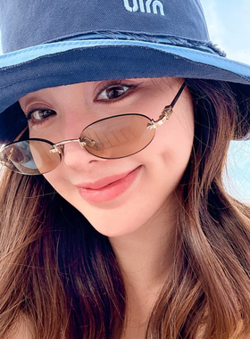 韩系复古椭圆无框墨镜女时髦个性高级感遮肉显瘦防紫外线太阳眼镜