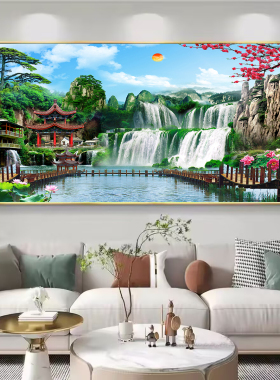 仙家堂口山水画流水生财小桥亭子无活物招财风水画有山有水风景画