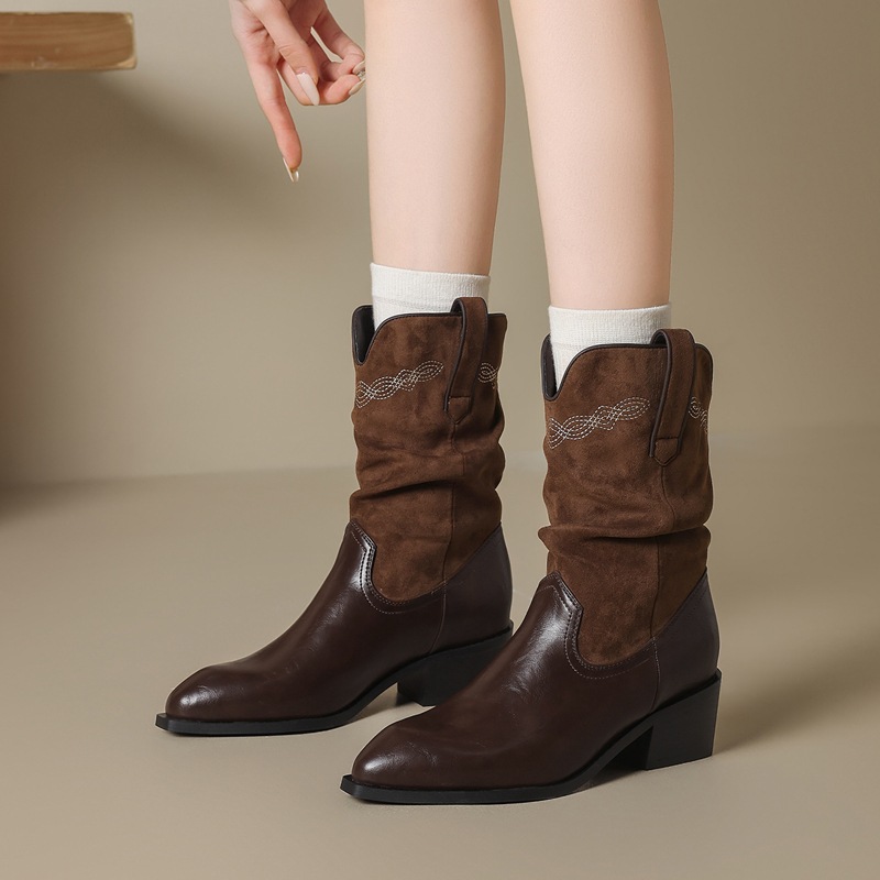 ZHR则则复古中筒西部牛仔短靴美拉德2025冬季新款粗跟高跟堆堆靴 - 图1